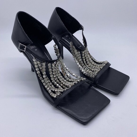 Zara 2020 Cruise Sandals 39 Sparkly Rhinestone Black Leather Square Toe Heels - Picture 3 of 16
